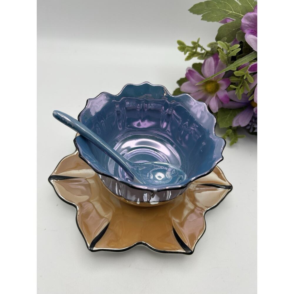 Vintage Gold Castle Lusterware Lotus Mayonnaise Bowl Underplate & spoon Japan